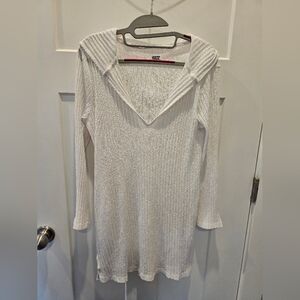 Wave Zone White Ribbed Hooded Tunic Top Size M Beach Cover-Up Long Sleeve V-Neck